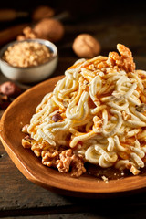 Spaghetti walnut ice cream dessert