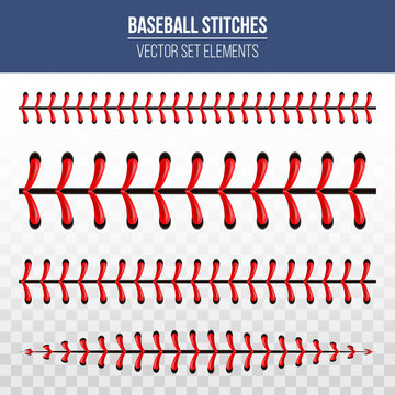 Creative vector illustration of sports baseball ball stitches, red lace seam isolated on transparent background. Art design thread decoration. Abstract concept graphic element