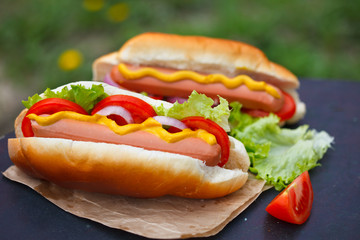 Classic american hot dog sandwich with pork or beef sausage
