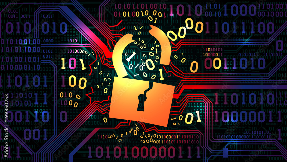 Poster hacking abstract firewall, antivirus, computer protection. hacked lock against the background of an 