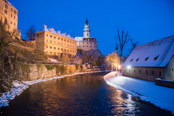 Fototapeta na wymiar Old city view from above. Top view. Czech krumlov in winter. Traveling through Europe. The city in Czech Republic, sights. The world around us, beautiful next door. What to see in the Czech