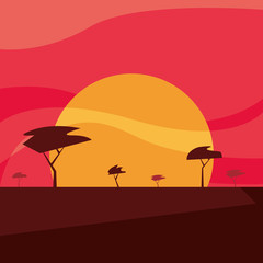 Sunset landscape with trees, colorful design. vector illustration