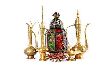 Fototapeta na wymiar Oriental holidays decoration lantern pots dishes Ramadan kareem