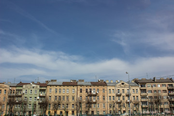 backstreet city view with buildings line and blue sky for copy space