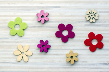 Wooden and textile flowers, blossoms still life, springtime Easter decoration