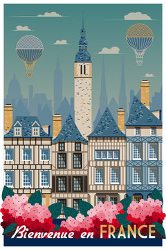 Retro poster about traveling to France. Handmade drawing vector illustration. Vintage style. All buildings - customizable different objects.