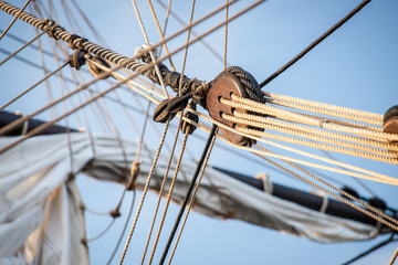Vintage and retro details of old sailing boats during a Sail event along the quay