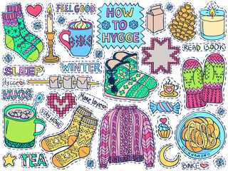 Hygge doodles danish living concept patch badges colorful