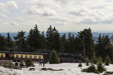 A historic steam locomotive is on its way from Brocken mountain to Schierke / Harz mountains Germany