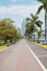 Sidewalk at public park with city skyline at coast promenade in Panama City -