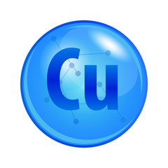 Mineral Copper or Cuprum capsule. Vector icon for health. Blue shining vitamin pill.