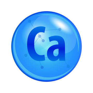 Mineral Calcium capsule. Vector icon for health. Blue shining vitamin pill.