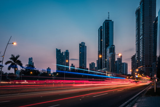 Road Traffic In Modern City At Night -  Light Trails, Street Traffic