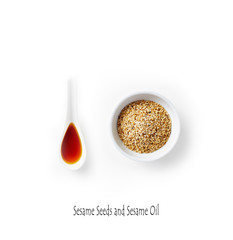 Seasame Seeds and Sesame Oil on white background; seen from above