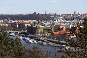 Spring Prague City with with its Towers and Bridges in the sunny Day, Czech Republic