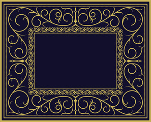 Thin gold beautiful decorative vintage frame for your design. Photo frame. Making menus, certificates, salons and boutiques. Gold frame on a dark background. Space for your text. Vector illustration.