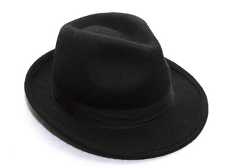 Black fedora hat on a white background