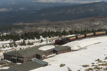 A historic steam locomotive is on its way from Brocken mountain to Schierke / Harz mountains Germany