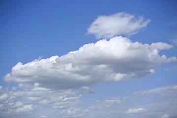 Obraz premium Bright blue sky with white fluffy clouds in funny shapes (shape of head), spring sunny day, daylight