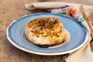 Turkish pastry in blue ceramic plates