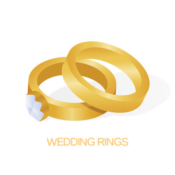 Golden wedding couple ring with big shiny diamond vector illustration