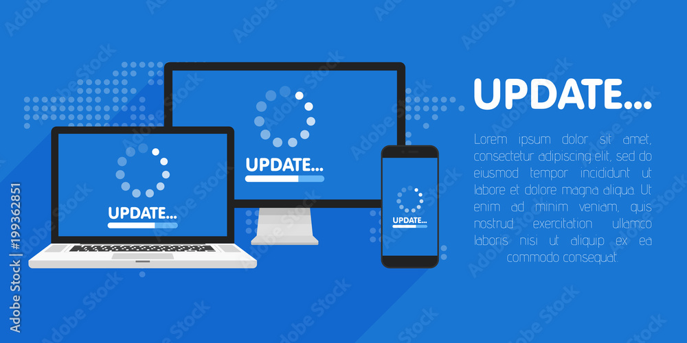 Aufkleber computer, laptop and smartphone with update process screen. install new software, operating system s