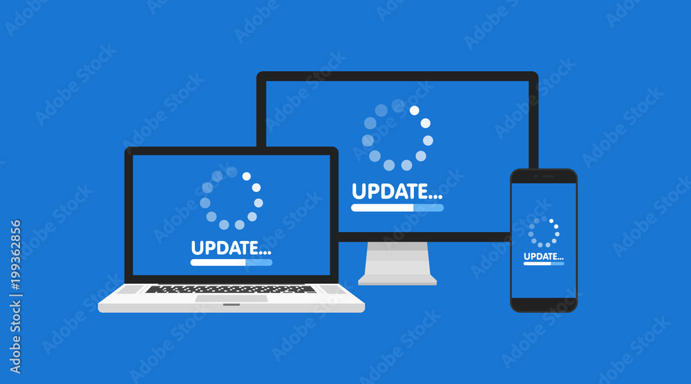 Poster computer, laptop and smartphone with update process screen. install new software, operating system s