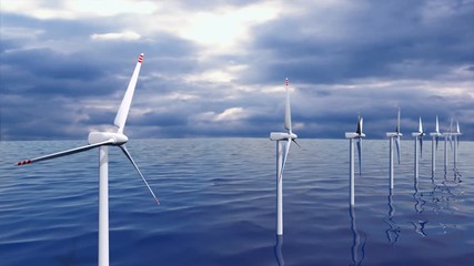 Beautiful 3d animation of a wind generators farm in the ocean on a backround of blue sky. Wind turbines are located in the ocean and waves wash their construction close-up seamless loop, 4K UHD - Powered by Adobe