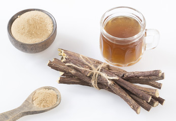 Licorice cup of tea, powder and roots - Glycyrrhiza glabra