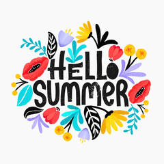 Hello Summer vector illustration, background. Fun quote hipster design logo or label. Hand lettering inspirational typography poster, banner. Floral digital sketch style design. Cute bright flowers.