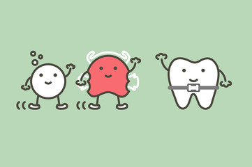 happy orthodontic teeth or dental braces and friend have retainer and effervescent tablet