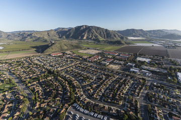 Aerial view of Ventura County homes, business and farms in Camarillo, California.  
