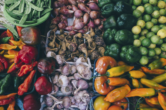 Overhead view of vegetables for sale at market stall