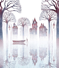 Fototapety  Akwarela ilustracja miasta stojącego na palach w wodzie. Mgła, stare krzywe domy, latarnie, nagie drzewa i pusta łódź odbijająca się w falującej wodzie.