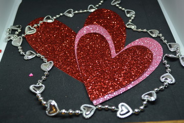Red and pink hearts with silver heart necklace 