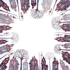 Town square painted with watercolor. Old houses, bare trees and street lanterns. A frame for text. A greeting card.