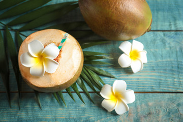 Obraz na płótnie Canvas Composition with fresh green coconut on wooden table