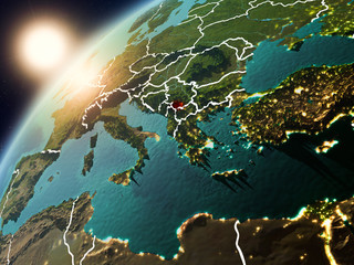 Kosovo on planet Earth in sunset