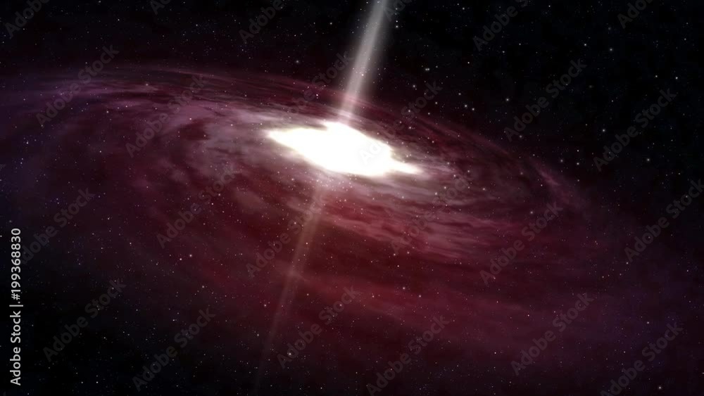 Poster a slow zoom in approach to a large red spiral galaxy rotating in deep space.