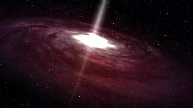 A slow zoom in approach to a large red spiral galaxy rotating in deep space.  	