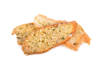 crunchy garlic bread on white background