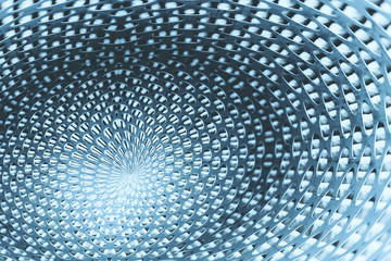 Spherical warp of space at edge of shot. Fantastic background image of wormhole of metallic and...