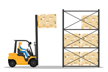 Forklift with man driving in the warehouse - obrazy, fototapety, plakaty