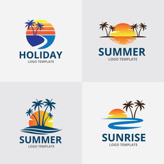 summer sun beach ocean wave palm coconut tree vector logo design