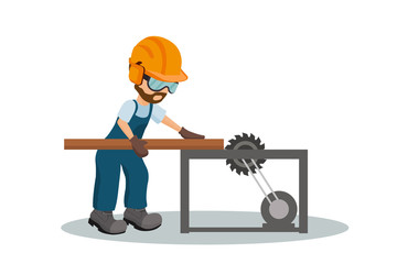 Male carpenter cutting a wooden plank with industrial safety equipment. Industrial saw design. Vector illustration