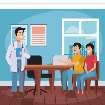 Doctors office cartoon with patient vector illustration graphic design