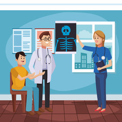 Doctors office cartoon with patient vector illustration graphic design
