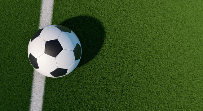 Soccer ball on the white line of a soccer field - 3D Rendering 