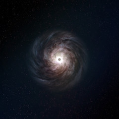 A top down bird's eye view of a rotating spiral galaxy in deep space with a black hole in the...