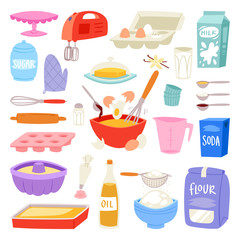 Bakery ingredients vector food and kitchenware for baking cake set of eggs flour and milk for dough illustration of cooking cupcake or pie with cookware in kitchen isolated on white background